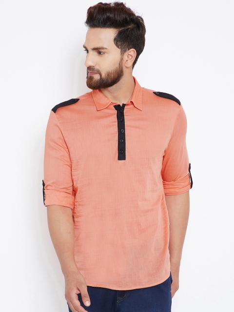 

Qsymia Men Coral Pink Solid Straight Kurta