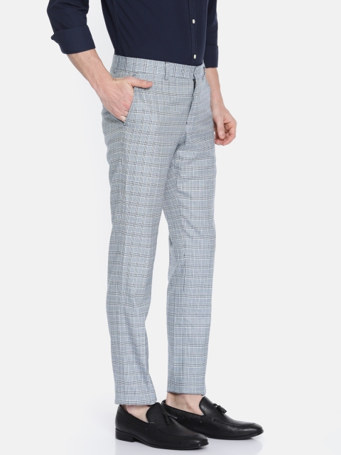

SELECTED Men Blue & White Slim Fit Checked Smart-Casual Trousers