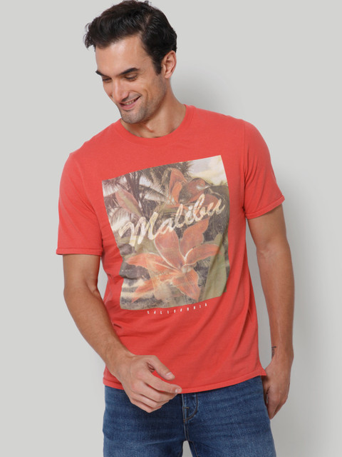 

SELECTED Men Orange Printed Round Neck T-shirt