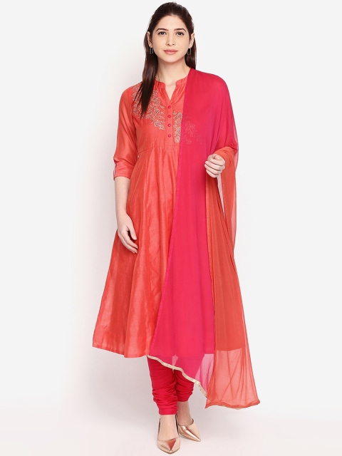 

RANGMANCH BY PANTALOONS Women Coral-Coloured & Embroidered Kurta with Trousers & Dupatta