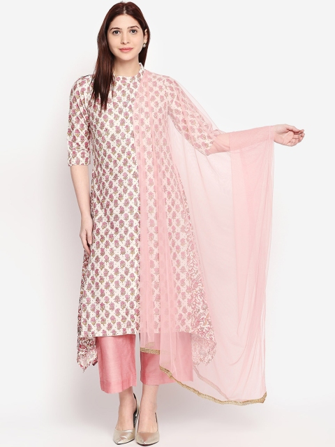 

RANGMANCH BY PANTALOONS Women Off-White & Pink Printed Kurta with Trousers & Dupatta