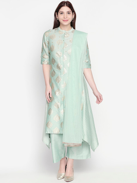 

RANGMANCH BY PANTALOONS Women Sea Green & Printed Kurta with Trousers & Dupatta