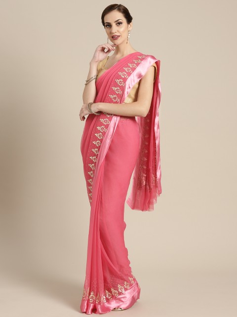 

Geroo Jaipur Pink & Golden Solid Pure Chiffon Saree