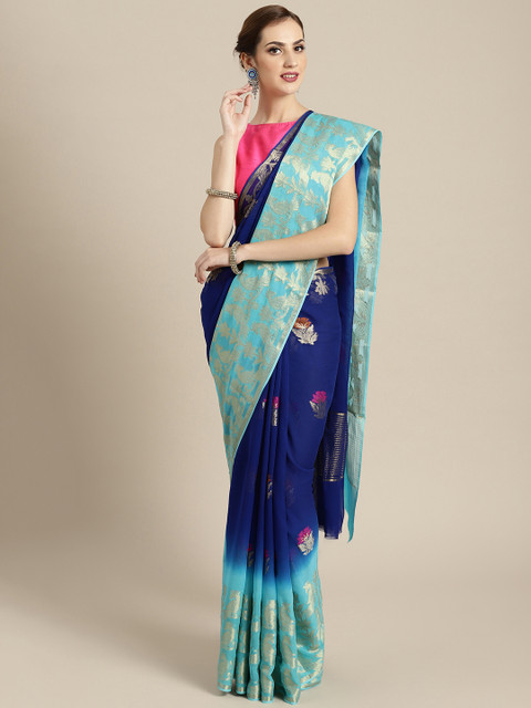 

Geroo Jaipur Blue Hand Woven Banarasi Silk Saree