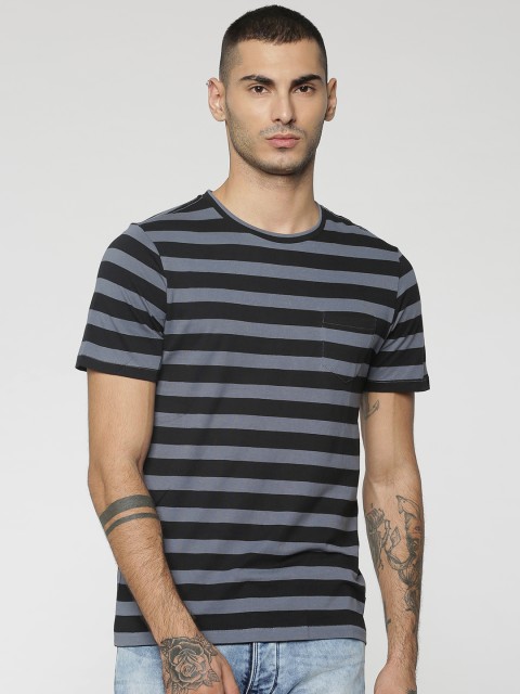 

Jack & Jones Men Black & Grey Striped Round Neck T-shirt