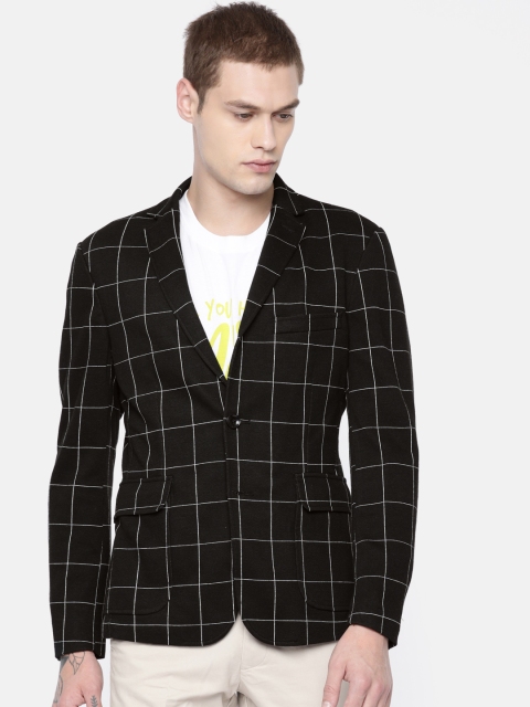 

Jack & Jones Men Black & White Checked Slim Fit Single Breasted Smart Casual Blazer