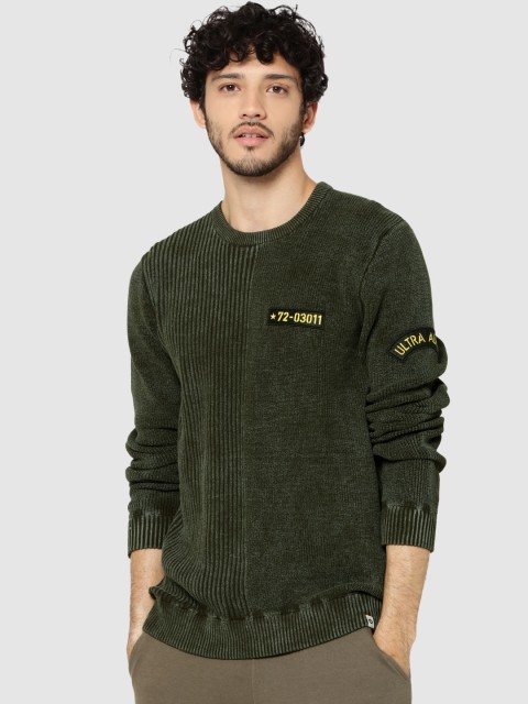 

Jack & Jones Men Olive Green Self-Striped Sweater