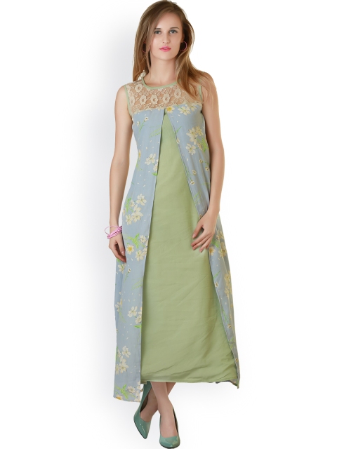 

Belle Fille Blue & Green Printed Lace Maxi Dress
