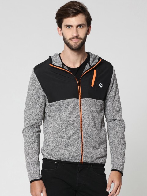 

Jack & Jones Men Grey & Black Colourblocked Hooded Sweatshirt