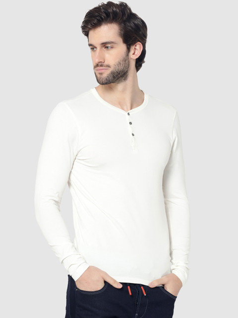 

Jack & Jones Men Off-White Solid Henley Neck T-shirt