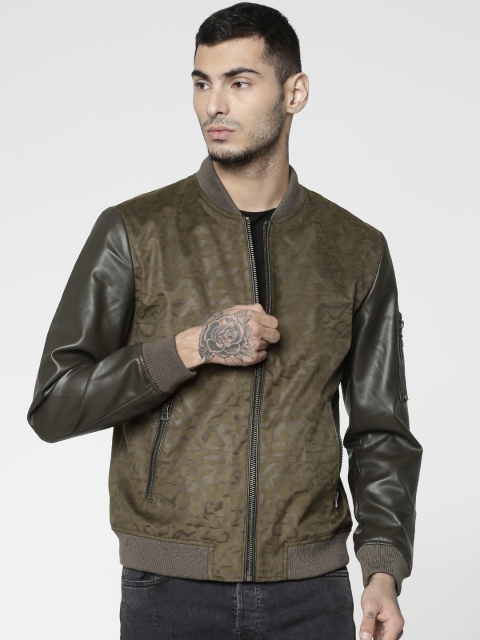 

Jack & Jones Men Olive Green Printed Bomber Jacket