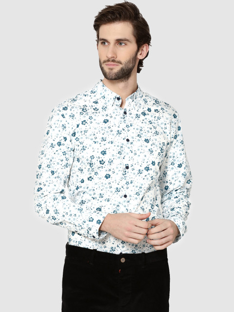 

Jack & Jones Men White & Teal Green Slim Fit Printed Casual Shirt