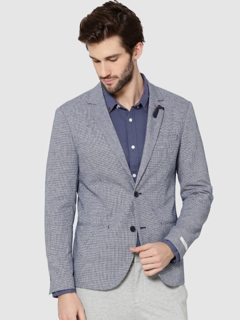 

Jack & Jones Navy Blue Self Design Single-Breasted Slim Fit Blazer