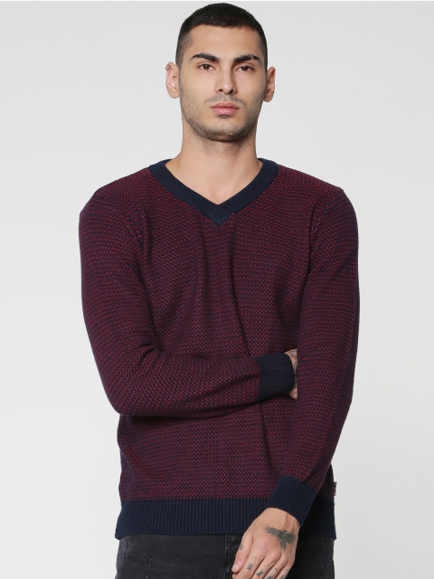 

Jack & Jones Men Maroon & Navy Blue Printed Sweater