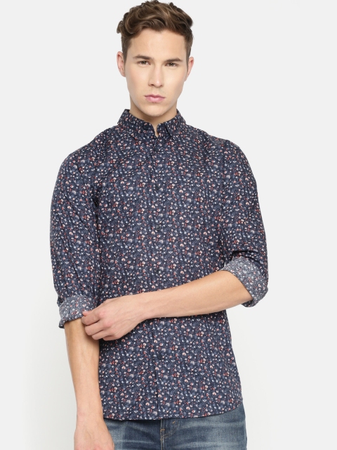 

Jack & Jones Men Navy Blue & Peach-Coloured Slim Fit Printed Casual Shirt