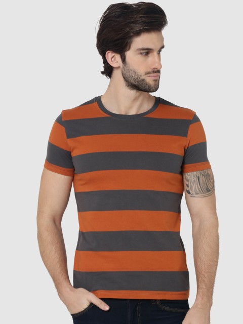 

Jack & Jones Men Brown & Grey Striped Round Neck T-shirt