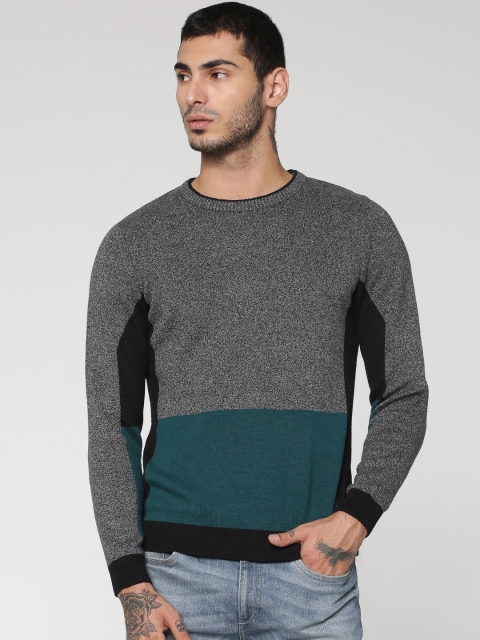 

Jack & Jones Men Charcoal Grey & Teal Green Colourblocked Sweater