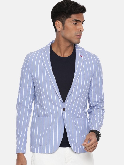 

Jack & Jones Blue & White Striped Single-Breasted Slim Fit Casual Blazer