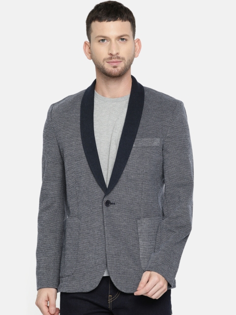 

Jack & Jones Navy Blue & White Self-Designed Single-Breasted Slim Fit Casual Blazer
