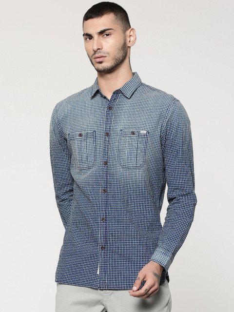 

Jack & Jones Men Blue & Beige Slim Fit Checked Casual Faded Shirt