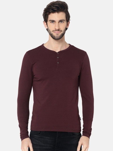 

Jack & Jones Men Maroon Slim Fit Solid Henley Neck T-shirt