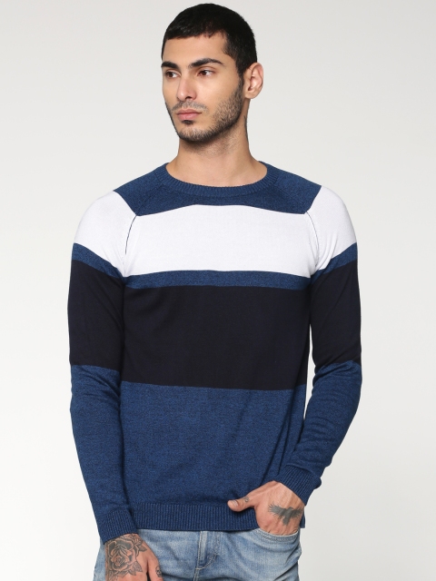 

Jack & Jones Men Blue & White Colourblocked Sweater