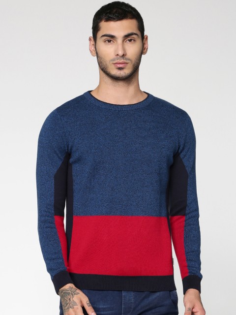 

Jack & Jones Men Blue & Red Colourblocked Sweater