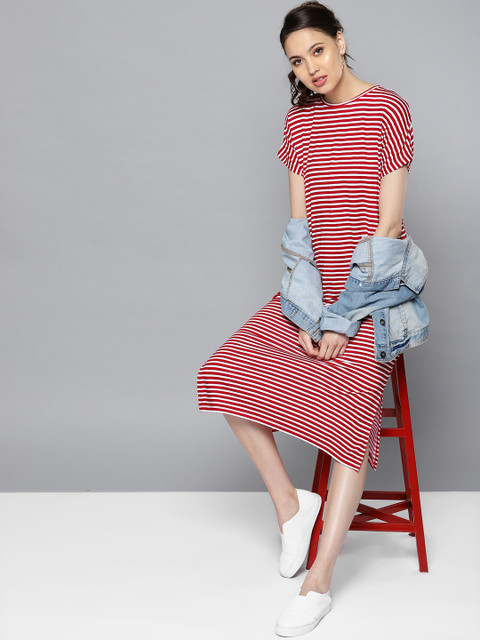 

STREET 9 Women Red & White Striped T-shirt Dress