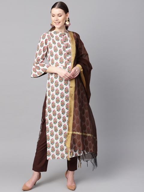 

Nayo Women White & Coffee Brown Printed Kurta with Trousers & Dupatta
