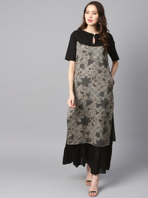 

Nayo Women Grey & Black Schiffli Embroidered Straight Kurta