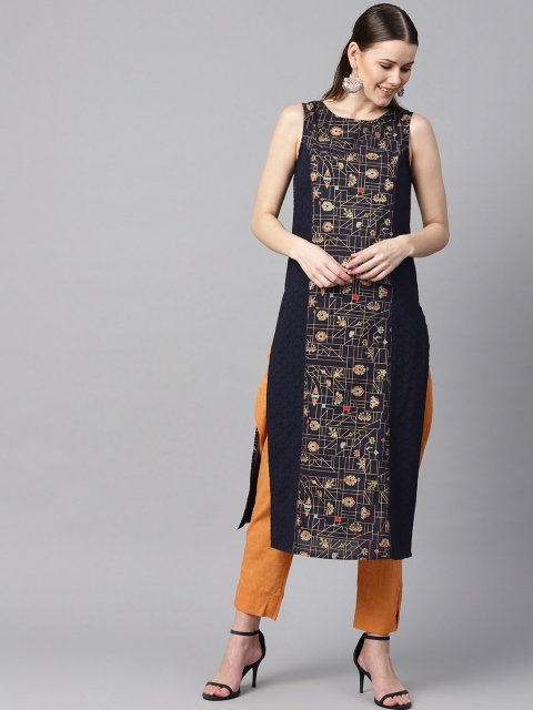 

Nayo Women Navy Blue & Golden Schiffli Embroidered Straight Kurta