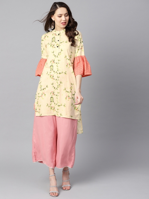 

Nayo Women Cream-Coloured & Green Printed Straight Kurta with Schiffli Embroidery