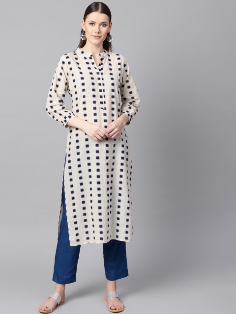 

Nayo Women Off-White & Navy Blue Printed Straight Kurta