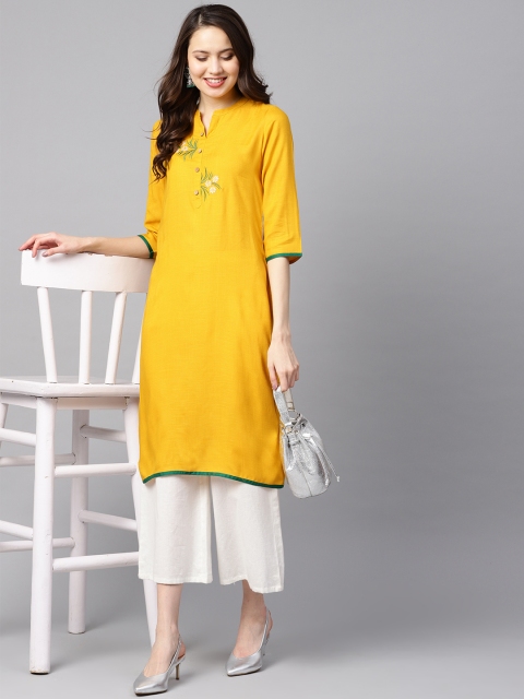 

Nayo Women Mustard Yellow Solid Straight Kurta