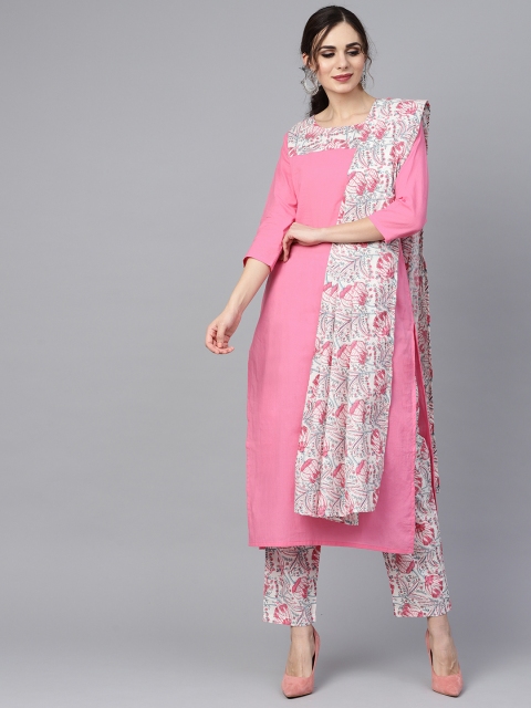 

Nayo Women Pink & White Yoke Design Kurta with Trousers & Dupatta