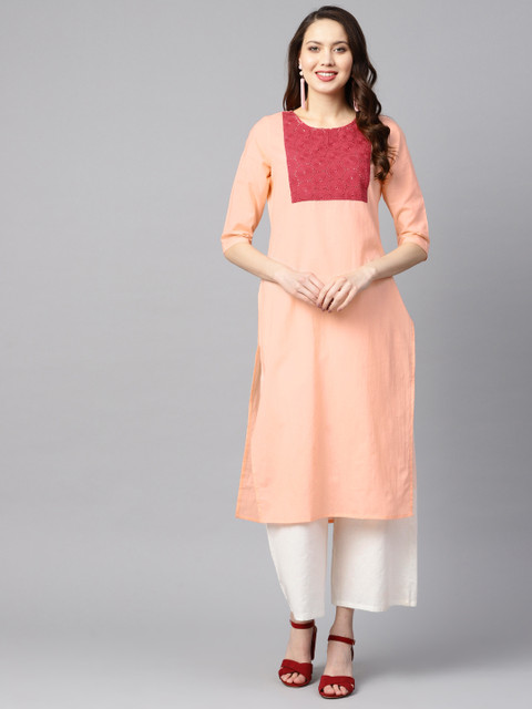 

Nayo Women Peach-Coloured Yoke Design Straight Kurta