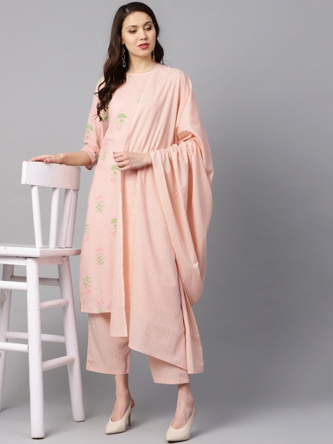 

Nayo Women Peach-Coloured & Green Printed Kurta with Trousers & Dupatta