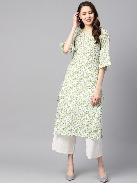 

Nayo Women White & Green Floral Printed Straight Kurta
