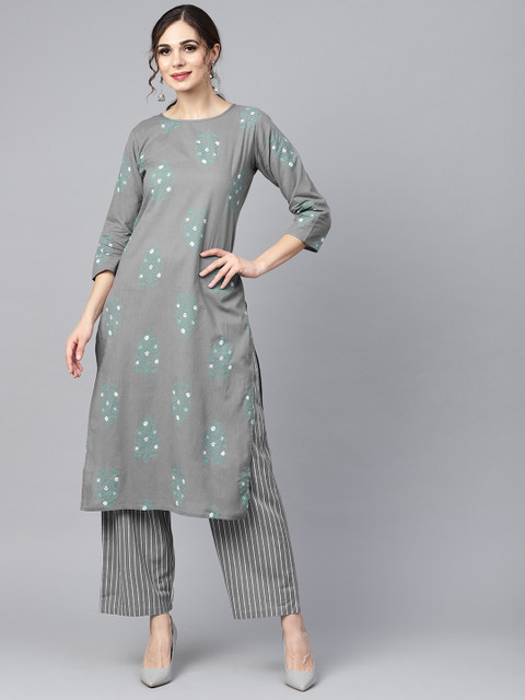 

Nayo Women Grey & Green Printed Kurta with Trousers