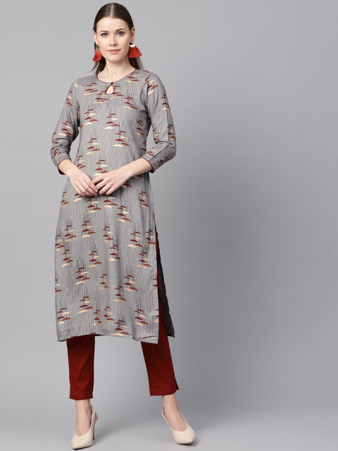 

Nayo Women Grey & Maroon Printed Kurta with Trousers