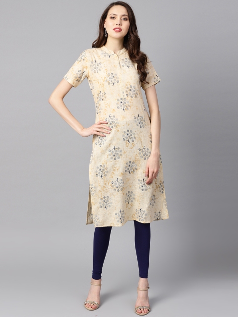 

Nayo Women Beige & Navy Blue Printed Straight Kurta
