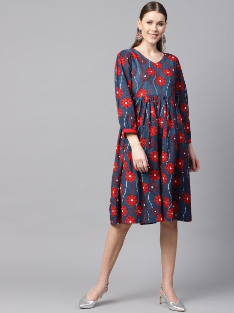 

Nayo Women Navy Blue & Red Printed A-Line Dress