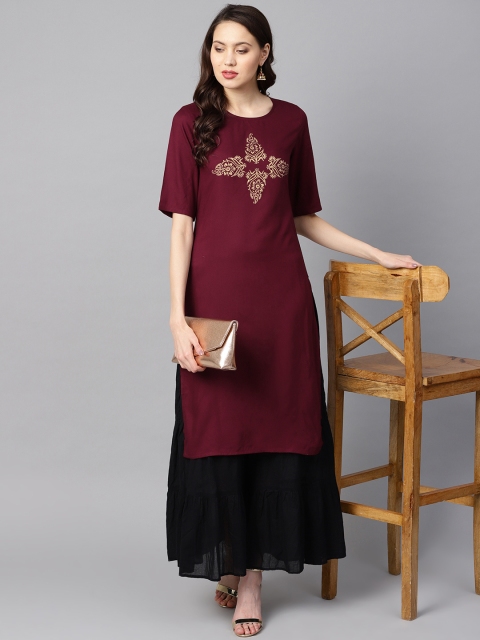 

Nayo Women Burgundy Yoke Design Block Print Straight Kurta