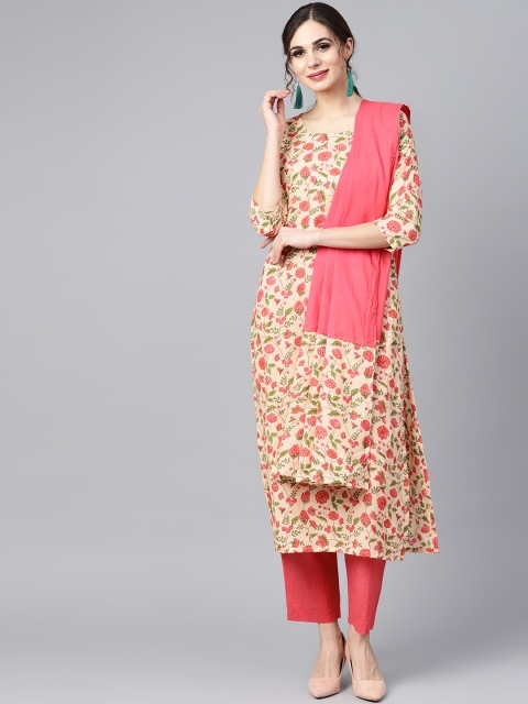 

Nayo Women Beige & Pink Printed Kurta with Trousers & Dupatta