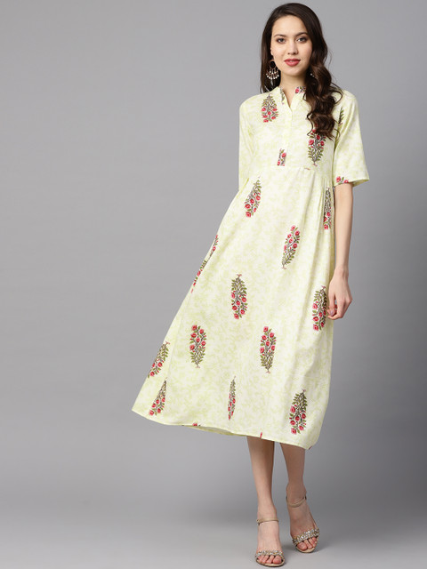 

Nayo Women Green & Pink Printed A-Line Dress