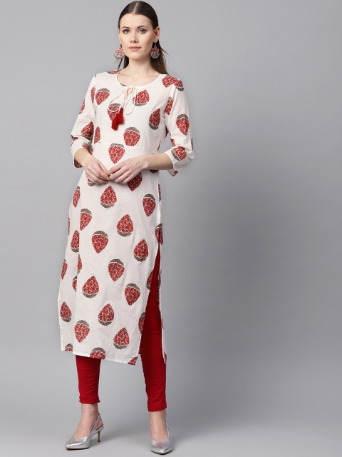 

Nayo Women White & Red Printed Straight Kurta
