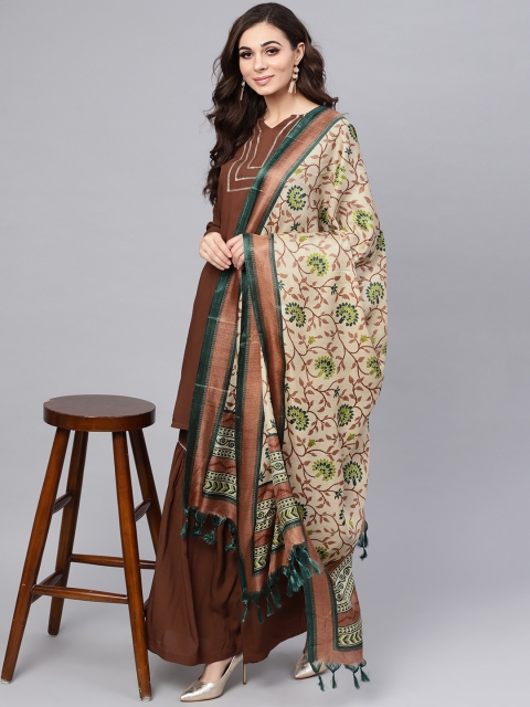 

Nayo Women Coffee Brown & Off-White Solid Kurta with Sharara & Dupatta