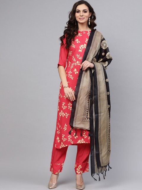 

Nayo Women Coral Red & Black Printed Kurta with Trousers & Dupatta