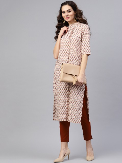 

Nayo Women Cream-Coloured & Rust Brown Printed Kurta with Trousers