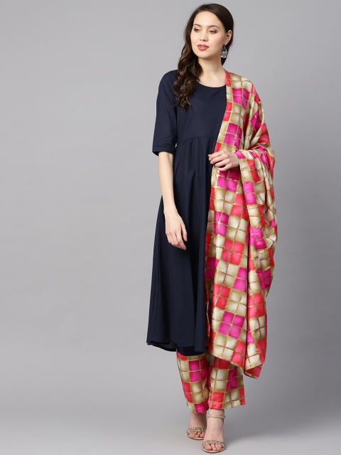

Nayo Women Navy Blue & Pink Solid Kurta with Palazzos & Dupatta